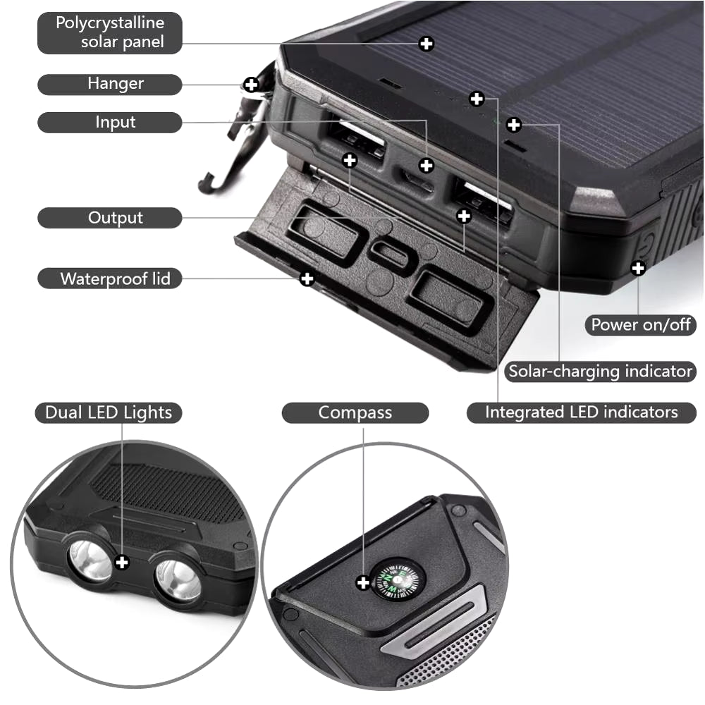 20000Mah Power Bank Waterproof Solar Powerbank External Battery Fast Mobile Phone Charger for Samsung Iphone Xiaomi Poverbank