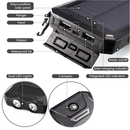 20000Mah Power Bank Waterproof Solar Powerbank External Battery Fast Mobile Phone Charger for Samsung Iphone Xiaomi Poverbank